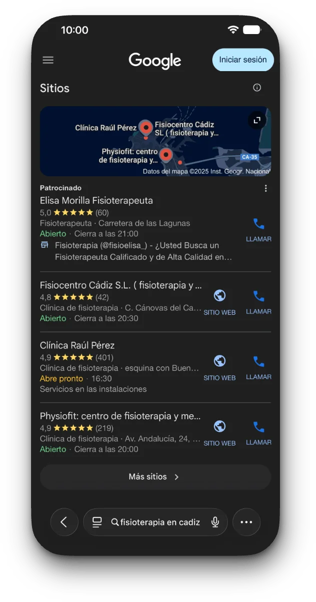 Ejemplo de búsqueda en Google de 'fisioterapia en Cádiz'